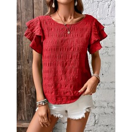 Plus Size Ruffle Sleeve Textured Blouse, Casual Solid Crew Neck Blouse For Spring, Women's Plus Size Clothing