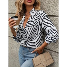 Plus Size Zebra Print Lapel Neckline Shirting Blouse - Soft Slight Stretch Polyester Fabric, Casual Long Sleeve Design for Spring and Fall Seasons - Womens Comfortable Relaxed Fit Clothing