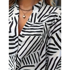 Plus Size Zebra Print Lapel Neckline Shirting Blouse - Soft Slight Stretch Polyester Fabric, Casual Long Sleeve Design for Spring and Fall Seasons - Womens Comfortable Relaxed Fit Clothing