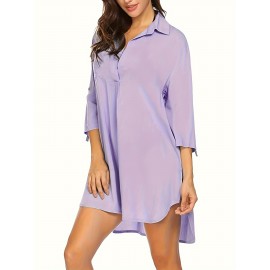 Womens Silk Lapel Collar Swimsuit Cover Up Shirt - Button Front, Slight Stretch, Solid Color, Casual Beach Tunic Top for Spring/Summer - Woven, No Sheer, No Printing