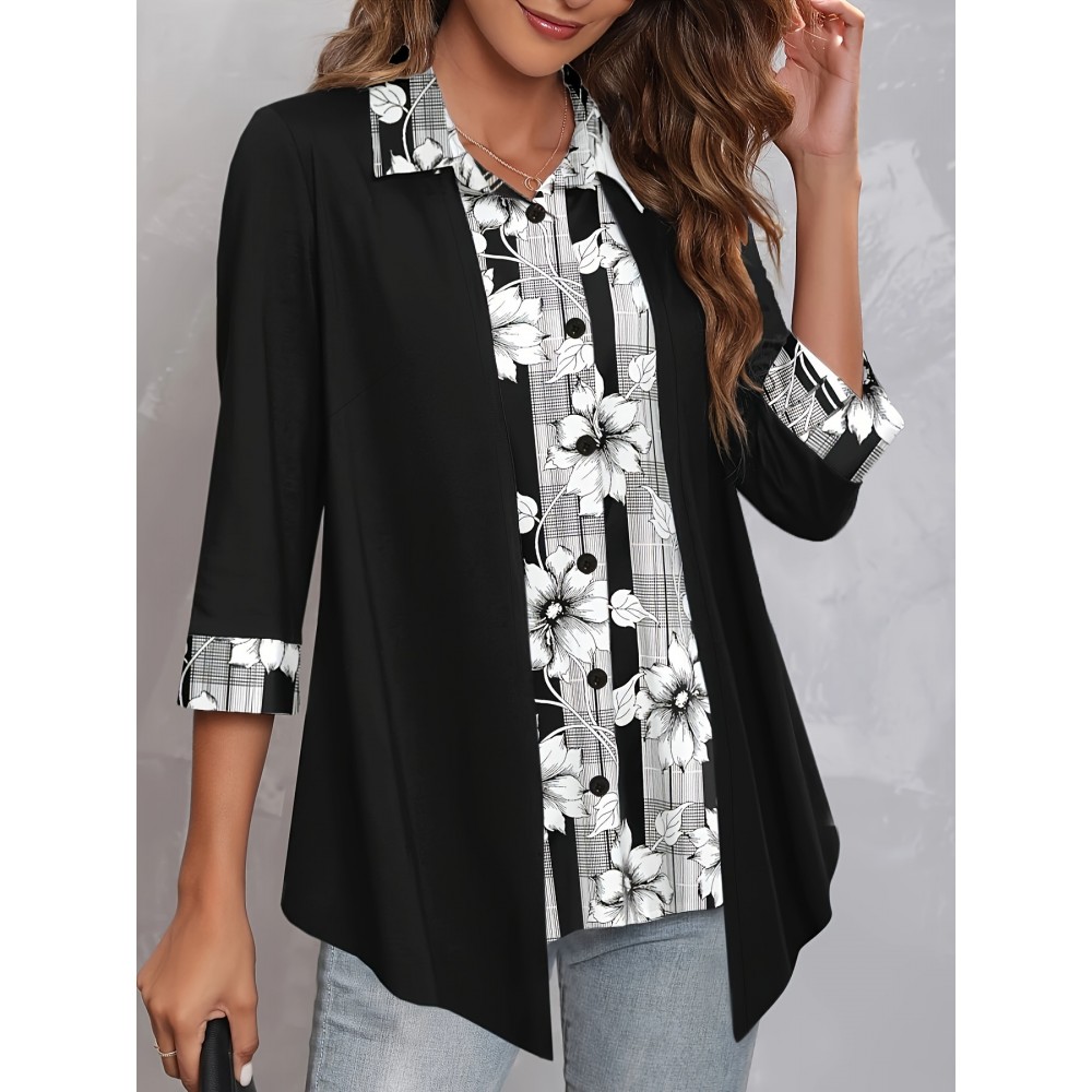 Plus Size Elegant Blouse, Women's Plus Colorblock Floral & Stripe Print Faux Twinset Long Sleeve Button Up Lapel Collar Asymmetric Hem Shirt Top