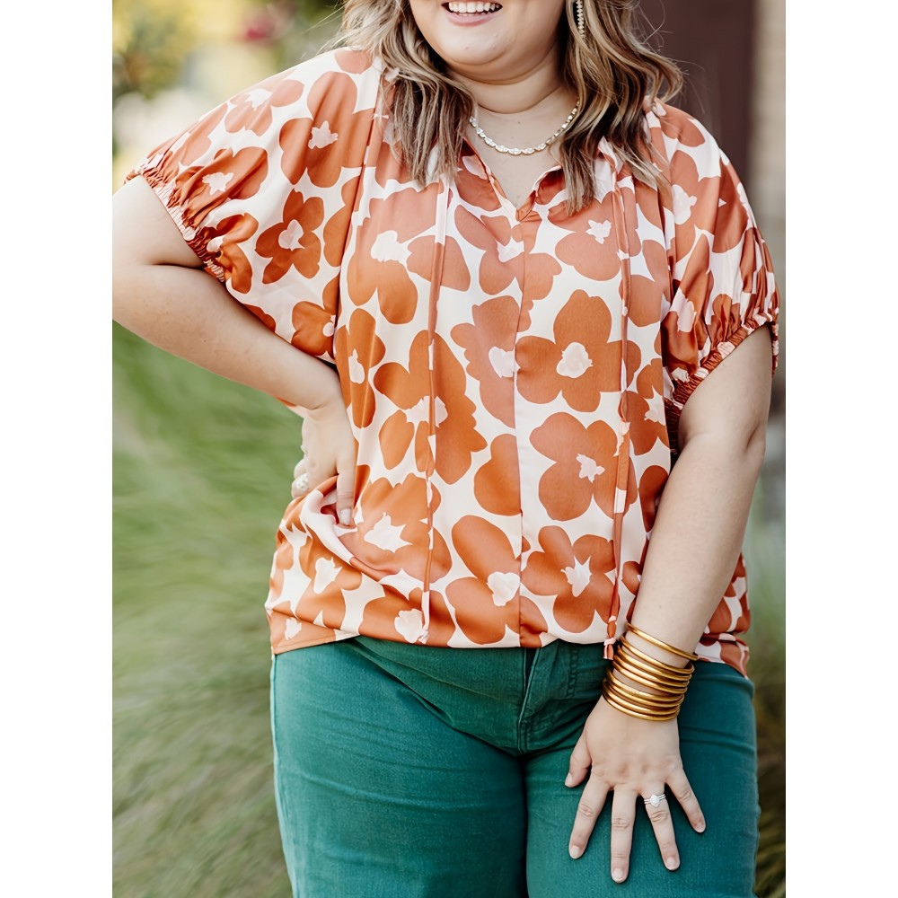 Plus Size Floral Print Blouse - Chic Tied V Neck, Short Sleeve, Effortless Casual Style for Spring & Summer - Designed for Womens Plus Size Figures