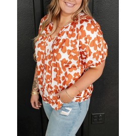 Plus Size Floral Print Blouse - Chic Tied V Neck, Short Sleeve, Effortless Casual Style for Spring & Summer - Designed for Womens Plus Size Figures