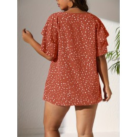 Plus Size Casual Blouse, Women's Plus Polka Dot Print Layered Sleeve Round Neck Oversized Blouse