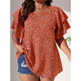 Plus Size Casual Blouse, Women's Plus Polka Dot Print Layered Sleeve Round Neck Oversized Blouse