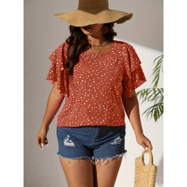 Plus Size Casual Blouse, Women's Plus Polka Dot Print Layered Sleeve Round Neck Oversized Blouse