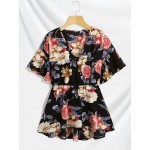 Plus Size Floral Print Surplice Neck Blouse, Casual Short Sleeve Blouse For Spring & Summer, Women's Plus Size Clothing