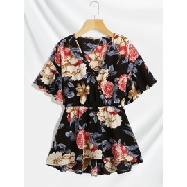 Plus Size Floral Print Surplice Neck Blouse, Casual Short Sleeve Blouse For Spring & Summer, Women's Plus Size Clothing