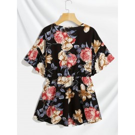 Plus Size Floral Print Surplice Neck Blouse, Casual Short Sleeve Blouse For Spring & Summer, Women's Plus Size Clothing