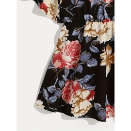 Plus Size Floral Print Surplice Neck Blouse, Casual Short Sleeve Blouse For Spring & Summer, Women's Plus Size Clothing