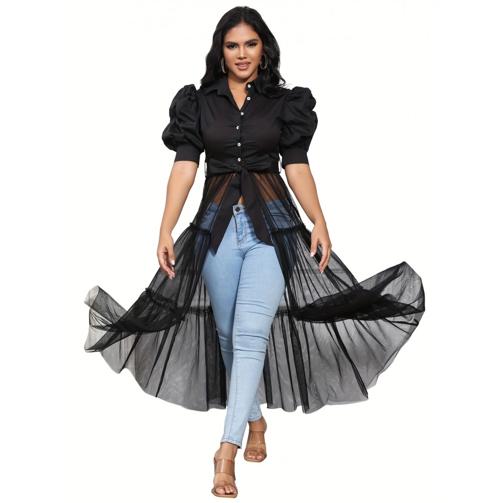 Plus Size Short Sleeve V-Neck Puff Sleeve Blouse - Breathable Contrast Mesh, Slight Stretch, Casual Lapel Neck, Button Front, Solid Color, Perfect for Spring, Summer, and Fall - Womens Comfortable Shirting