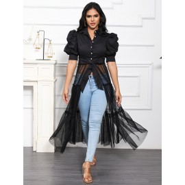 Plus Size Short Sleeve V-Neck Puff Sleeve Blouse - Breathable Contrast Mesh, Slight Stretch, Casual Lapel Neck, Button Front, Solid Color, Perfect for Spring, Summer, and Fall - Womens Comfortable Shirting