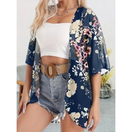 Plus Size Floral Print 3/4 Sleeve Batwing Kimono Cover Up - V Neck, Semi-Sheer, Casual, Weekend Wear for Spring, Summer, and Fall - Polyester, Non-Stretch, Regular Fit, Middle East Inspired