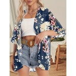 Plus Size Floral Print 3/4 Sleeve Batwing Kimono Cover Up - V Neck, Semi-Sheer, Casual, Weekend Wear for Spring, Summer, and Fall - Polyester, Non-Stretch, Regular Fit, Middle East Inspired