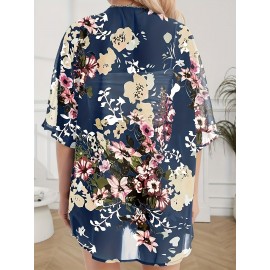 Plus Size Floral Print 3/4 Sleeve Batwing Kimono Cover Up - V Neck, Semi-Sheer, Casual, Weekend Wear for Spring, Summer, and Fall - Polyester, Non-Stretch, Regular Fit, Middle East Inspired