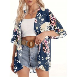 Plus Size Floral Print 3/4 Sleeve Batwing Kimono Cover Up - V Neck, Semi-Sheer, Casual, Weekend Wear for Spring, Summer, and Fall - Polyester, Non-Stretch, Regular Fit, Middle East Inspired