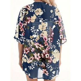 Plus Size Floral Print 3/4 Sleeve Batwing Kimono Cover Up - V Neck, Semi-Sheer, Casual, Weekend Wear for Spring, Summer, and Fall - Polyester, Non-Stretch, Regular Fit, Middle East Inspired