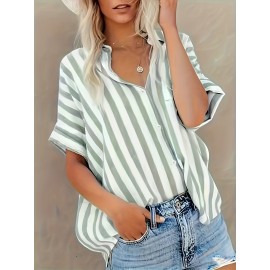 Plus Size Striped Print Blouse, Casual Short Sleeve Buttons Blouse For Spring, Women's Plus Size Clothing