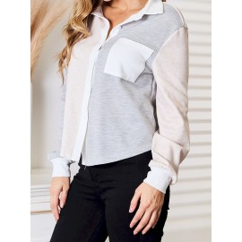 Double Take Color Block Curved Hem Shirt