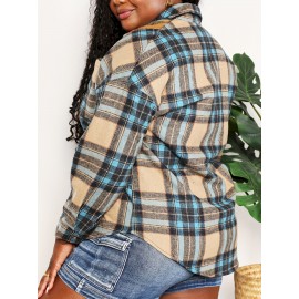 Plus Size Plaid Print With Pockets Blouse, Casual Lapel Neck Button Front Long Sleeve Blouse For Spring & Fall, Women's Plus Size Clothing