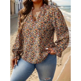 Plus Size V Neck Floral Print Blouse - Elegant Casual Long Sleeve Top for Women - Non-Stretch Polyester Fabric, Random Printing, Perfect for Spring Summer Fall Daily Wear