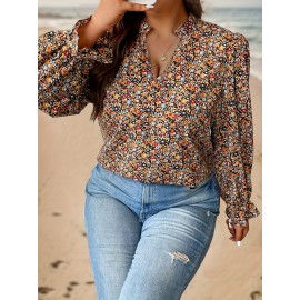 Plus Size V Neck Floral Print Blouse - Elegant Casual Long Sleeve Top for Women - Non-Stretch Polyester Fabric, Random Printing, Perfect for Spring Summer Fall Daily Wear