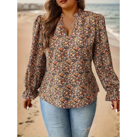 Plus Size V Neck Floral Print Blouse - Elegant Casual Long Sleeve Top for Women - Non-Stretch Polyester Fabric, Random Printing, Perfect for Spring Summer Fall Daily Wear