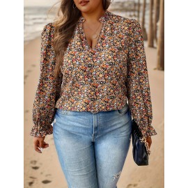 Plus Size V Neck Floral Print Blouse - Elegant Casual Long Sleeve Top for Women - Non-Stretch Polyester Fabric, Random Printing, Perfect for Spring Summer Fall Daily Wear