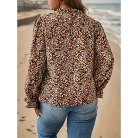 Plus Size V Neck Floral Print Blouse - Elegant Casual Long Sleeve Top for Women - Non-Stretch Polyester Fabric, Random Printing, Perfect for Spring Summer Fall Daily Wear