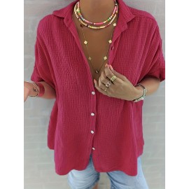 Plus Size Solid Textured Shirt, Casual Short Sleeve Button Front Shirt, Women's Plus Size Clothing