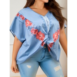 Plus Size Floral Print V Neck Blouse, Casual Short Sleeve Blouse For Spring & Summer, Women's Plus Size Clothing