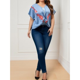 Plus Size Floral Print V Neck Blouse, Casual Short Sleeve Blouse For Spring & Summer, Women's Plus Size Clothing