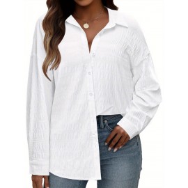 Plus Size Solid Textured Button Down Blouse, Casual Lapel Neck Long Sleeve Blouse For Spring & Fall, Women's Plus Size Clothing