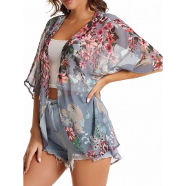 Plus Size V-Neck Floral Print Semi-Sheer 3/4 Sleeve Open Front Kimono - Lightweight, Casual, Non-Stretch Cover Up for Spring, Summer, and Fall - Easy Weekend Wear for Women