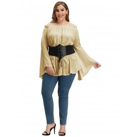 Plus Size Solid Off Shoulder Blouse, Casual Shirred Waist Long Sleeve Blouse For Spring & Fall, Women's Plus Size Clothing