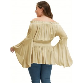 Plus Size Solid Off Shoulder Blouse, Casual Shirred Waist Long Sleeve Blouse For Spring & Fall, Women's Plus Size Clothing