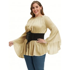 Plus Size Solid Off Shoulder Blouse, Casual Shirred Waist Long Sleeve Blouse For Spring & Fall, Women's Plus Size Clothing