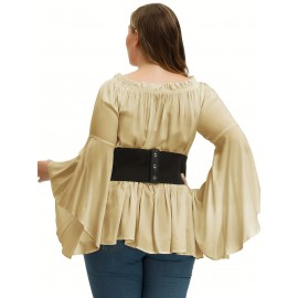 Plus Size Solid Off Shoulder Blouse, Casual Shirred Waist Long Sleeve Blouse For Spring & Fall, Women's Plus Size Clothing