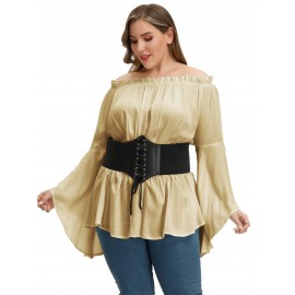 Plus Size Solid Off Shoulder Blouse, Casual Shirred Waist Long Sleeve Blouse For Spring & Fall, Women's Plus Size Clothing