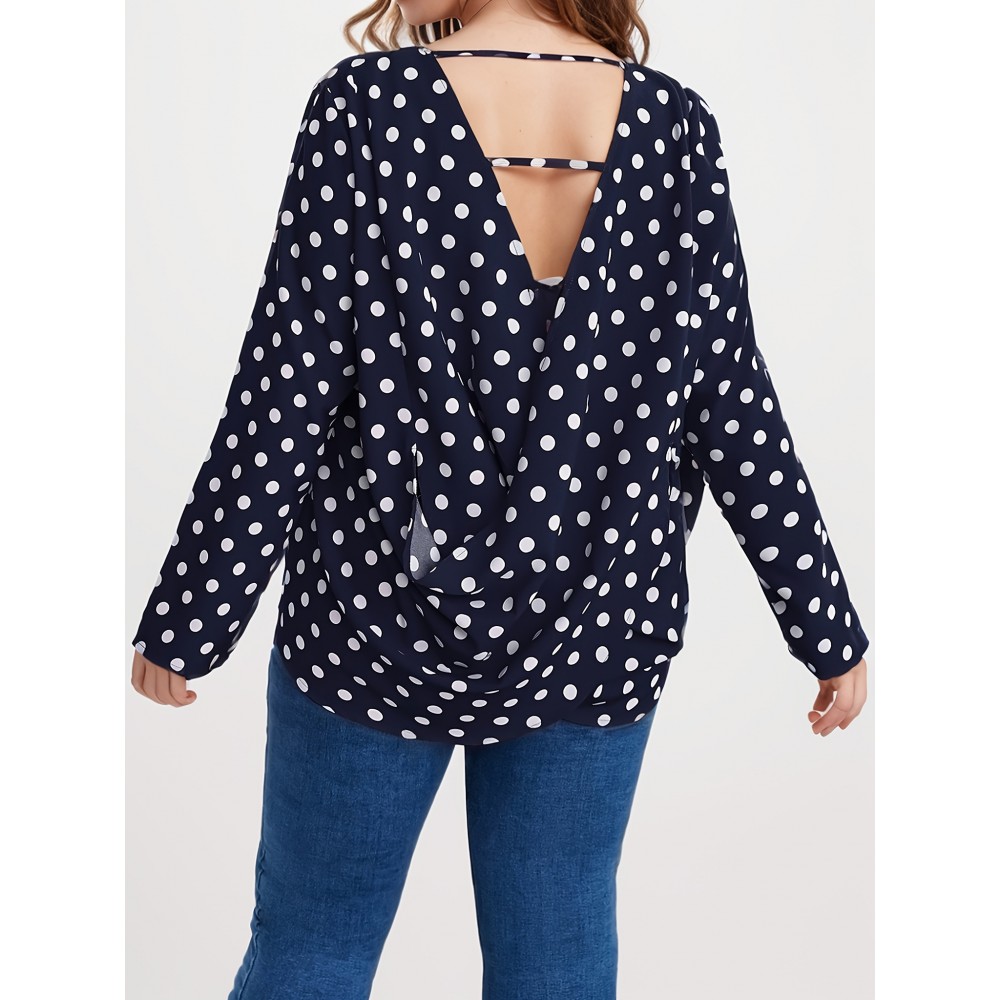 Plus Size Polka Dot Print Ruched Back Blouse, Casual Long Sleeve Blouse For Spring & Fall, Women's Plus Size Clothing