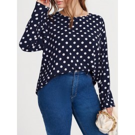 Plus Size Polka Dot Print Ruched Back Blouse, Casual Long Sleeve Blouse For Spring & Fall, Women's Plus Size Clothing