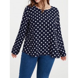 Plus Size Polka Dot Print Ruched Back Blouse, Casual Long Sleeve Blouse For Spring & Fall, Women's Plus Size Clothing