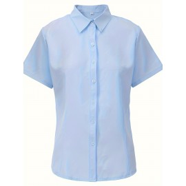 Plus Size Button Up Collared Shirt, Casual Short Sleeve Office Shirt, Women's Plus Size Clothing