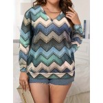 Plus Size Chevron Print V Neck Blouse, Casual Long Sleeve Blouse For Spring & Fall, Women's Plus Size Clothing