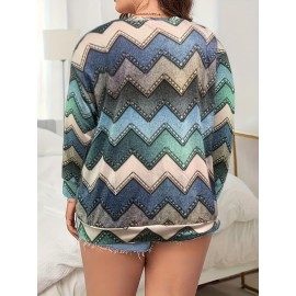 Plus Size Chevron Print V Neck Blouse, Casual Long Sleeve Blouse For Spring & Fall, Women's Plus Size Clothing