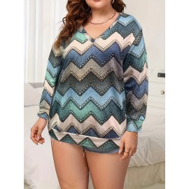 Plus Size Chevron Print V Neck Blouse, Casual Long Sleeve Blouse For Spring & Fall, Women's Plus Size Clothing