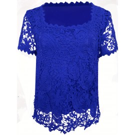 Plus Size Floral Lace Stitching Blouse, Elegant Square Neck Short Sleeve Blouse For Spring, Women's Plus Size Clothing