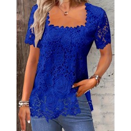 Plus Size Floral Lace Stitching Blouse, Elegant Square Neck Short Sleeve Blouse For Spring, Women's Plus Size Clothing