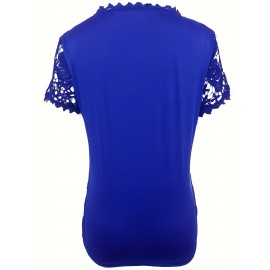 Plus Size Floral Lace Stitching Blouse, Elegant Square Neck Short Sleeve Blouse For Spring, Women's Plus Size Clothing