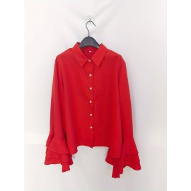 Plus Size Elegant Blouse, Women's Plus Solid Button Up Layered Sleeve Turn Down Collar Blouse